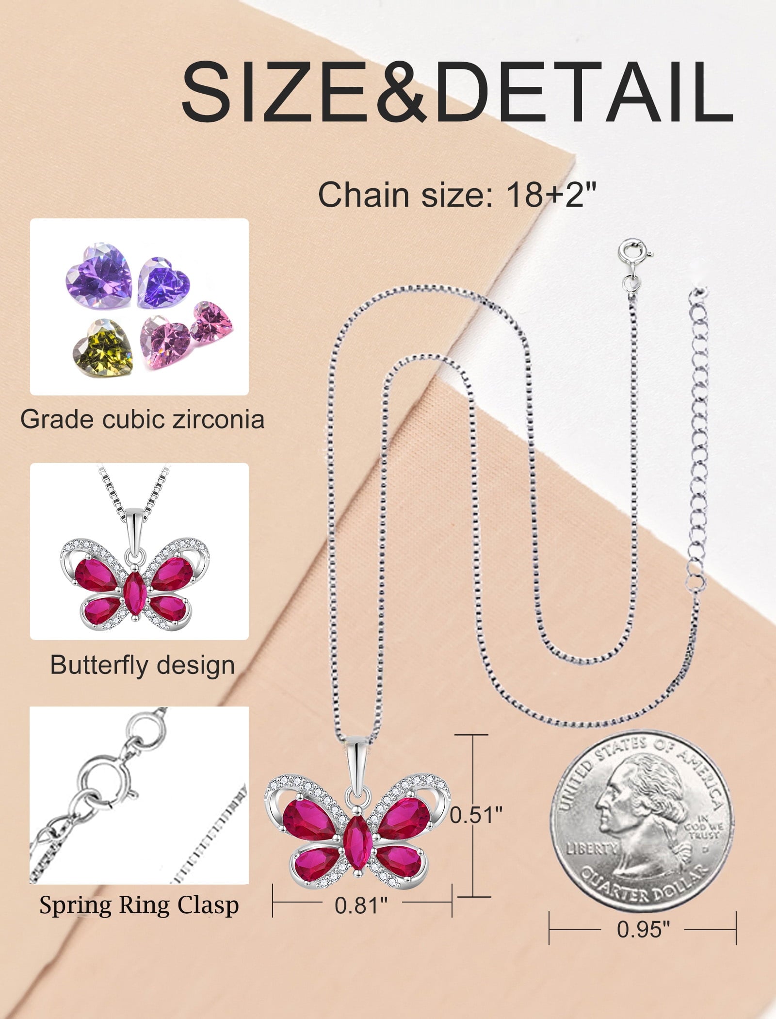 Butterfly Necklace for Women 925 Sterling Silver July Ruby Birthstone Butterfly Pendant Jewelry