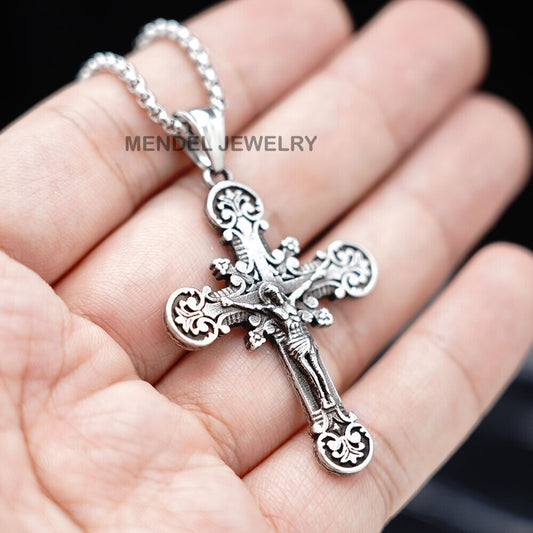 MENDEL Mens Stainless Steel Jesus Christ Crucifix Cross Pendant Necklace for Men
