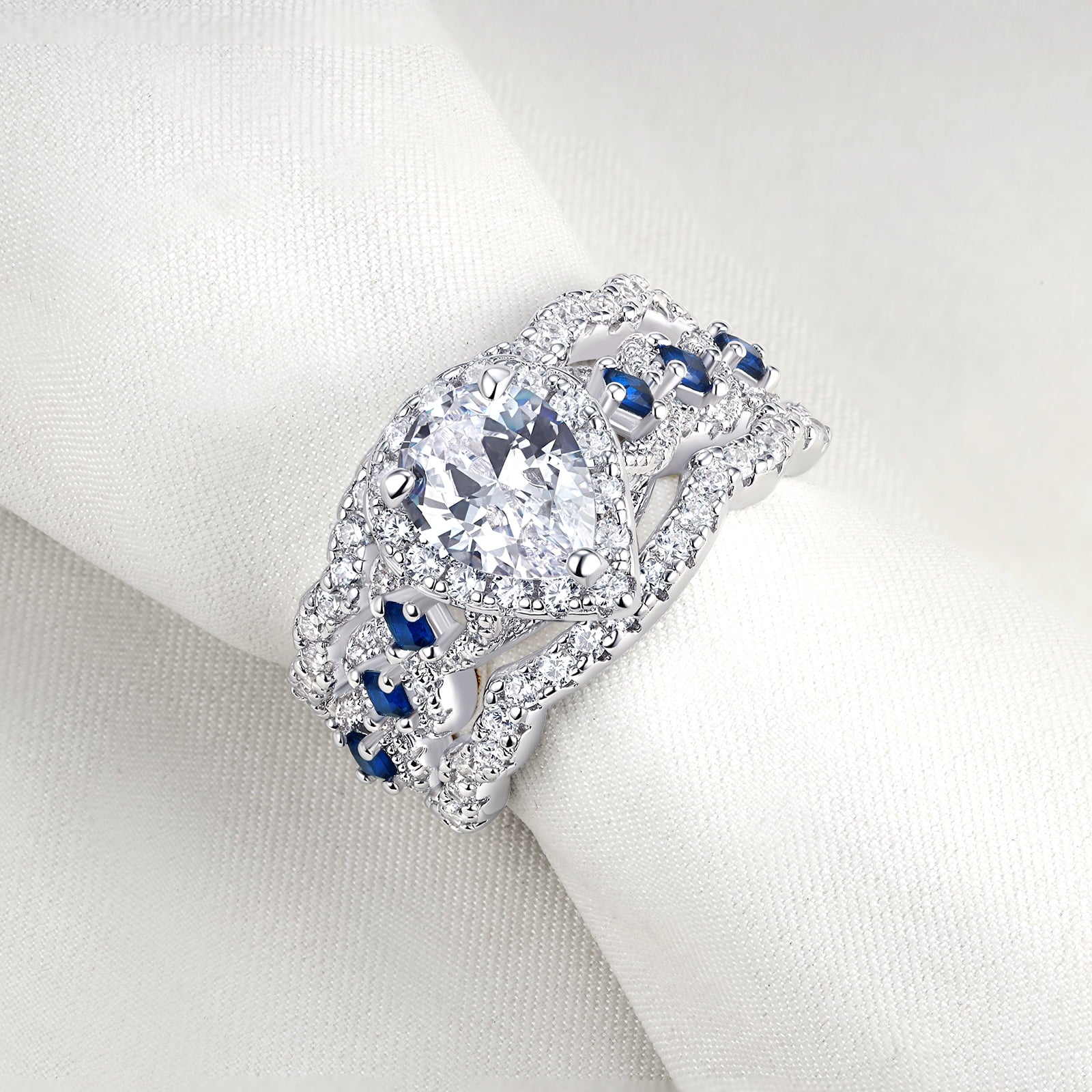 Engagement Wedding Ring Set Rings for Women 925 Sterling Silver 3Pcs 2.5Ct Pear White Cz Blue Size 7