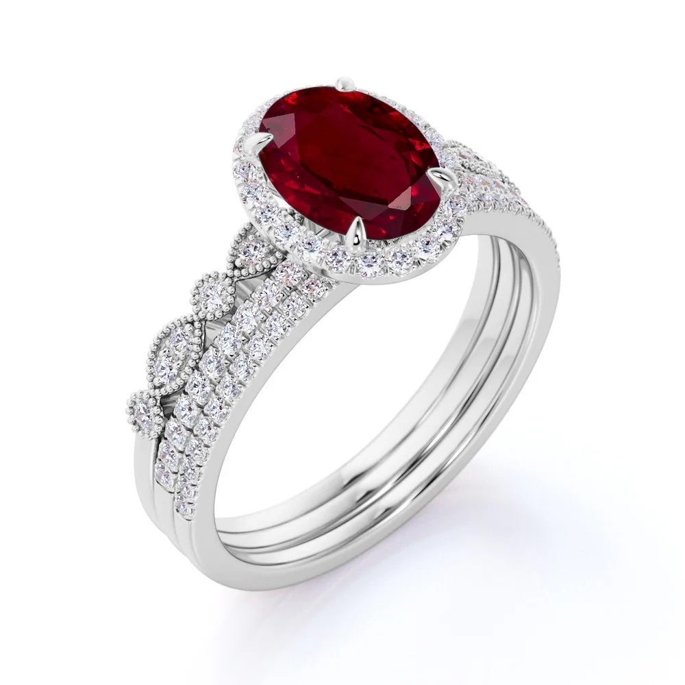 2 Carat Oval Antique Pigeon Blood Lab Created Ruby Trio Ring Set in 18K White Gold over Silver