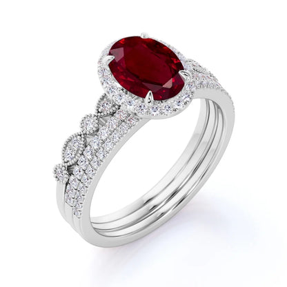 2 Carat Oval Antique Pigeon Blood Lab Created Ruby Trio Ring Set in 18K White Gold over Silver