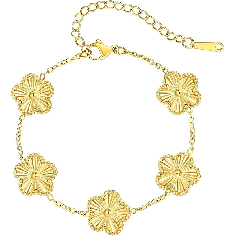Adjustable Stainless Steel Bracelet Double Sided Bracelets Five Leaf Petals Flower Gold Plated Clover Women Fashion Jewelry