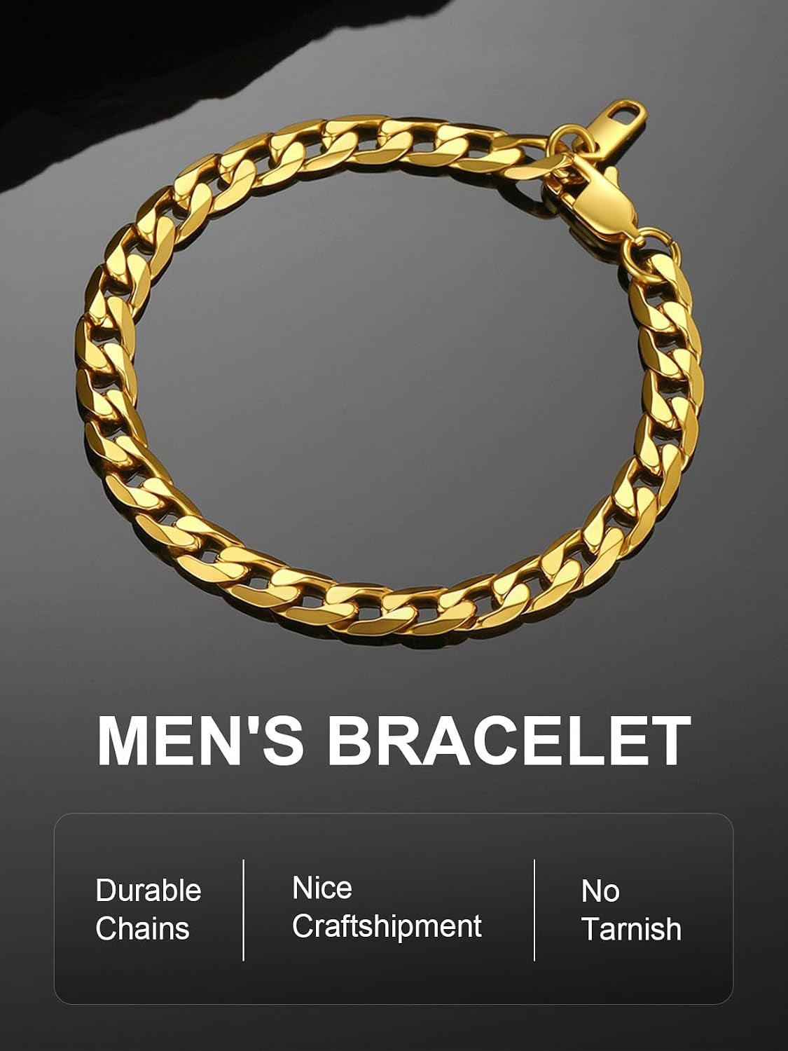 Men Chain Bracelet Gold Plated Cuban Curb Bracelet 6MM 8.3 Inch Wrist Bracelet Mens Stainless Steel Jewelry