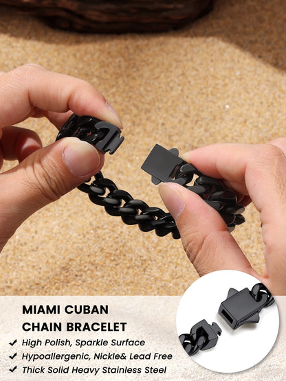 7Mm Stainless Steel Miami Cuban Bracelet Black Metal Filled Man Chain Bracelet, 9.1In Long Hand Curb Chain for Women Cool Statement Fashion Jewelry