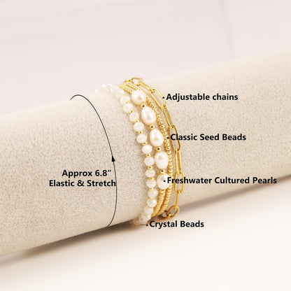 Gold Pearl Beaded Bracelets for Women,Gold Pearl Stackable Stretch Be...