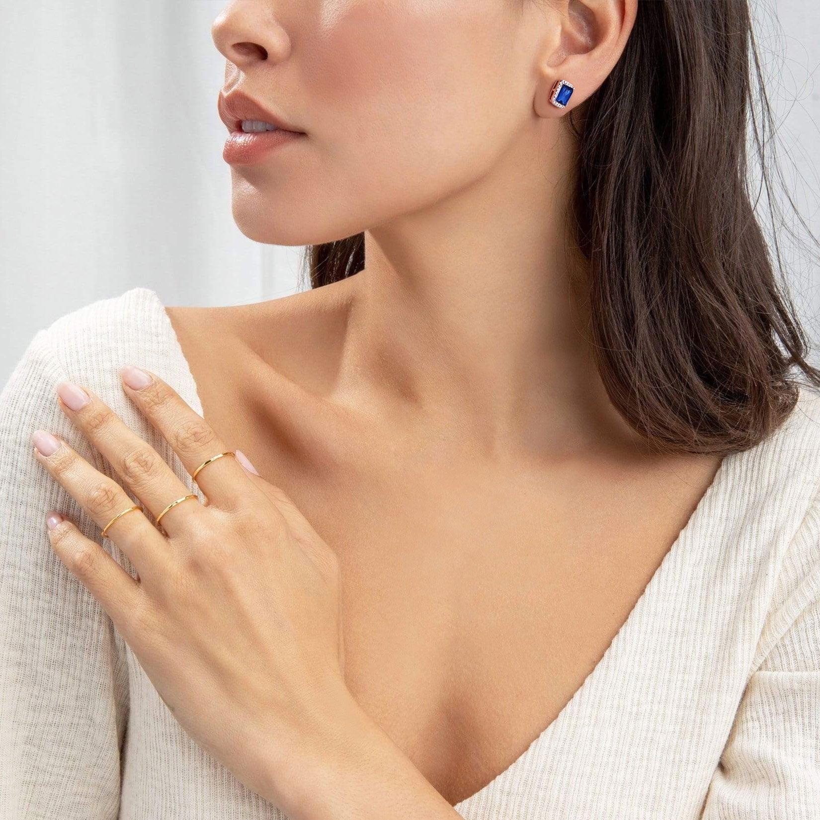 Square Diamond Stud Earrings September Sapphire Birthstone Earrings, Sterling Silver Earrings Birthday Jewelry Gift for Women