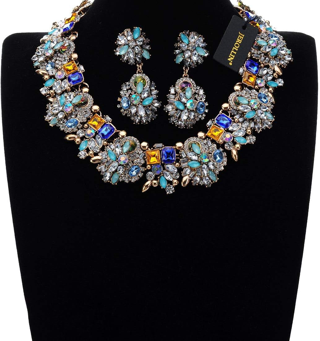 Vintage Crystal Rhinestone Statement Choker Bib Statement Necklace Earring Fashion Costume Jewelry Set for Women