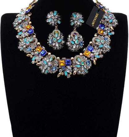 Vintage Crystal Rhinestone Statement Choker Bib Statement Necklace Earring Fashion Costume Jewelry Set for Women