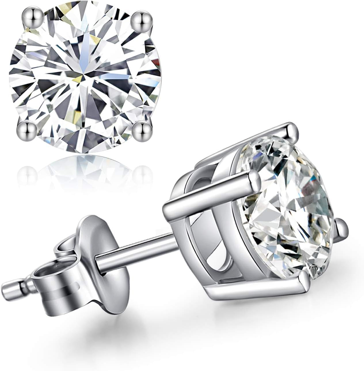 Men Stud Earrings, 18K White Gold Plated 4 Pong round CZ Earrings, 925 Sterling Silver Stud Earrings for Women/Men 3MM-8MM Available