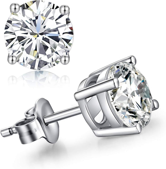 Men Stud Earrings, 18K White Gold Plated 4 Pong round CZ Earrings, 925 Sterling Silver Stud Earrings for Women/Men 3MM-8MM Available
