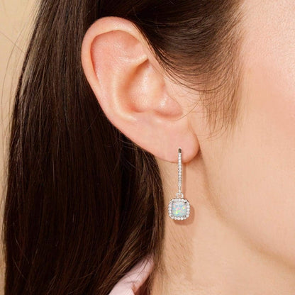 Lever Back Earrings Created Opal October Birthstone Earrings Sterling Silver White Fire Opal Halo Cubic Zirconia Square French Back Earrings Jewelry for Women