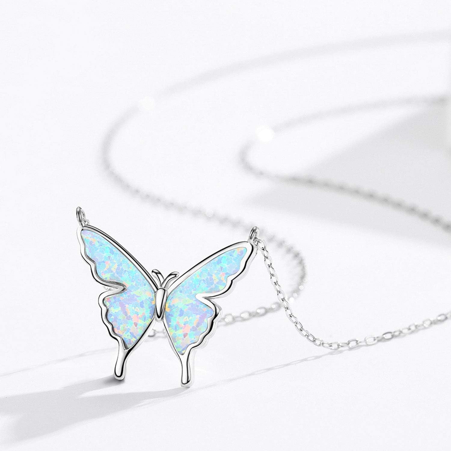Opal Butterfly Necklace for Women 925 Sterling Silver Dainty Cute Butterfly Charm Jewelry Delicate Pendant Butterfly Necklace Birthday Christmas Gift for Wife Girlfriend Mom Teen