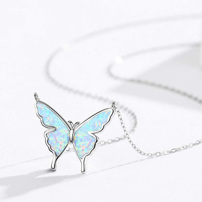 Opal Butterfly Necklace for Women 925 Sterling Silver Dainty Cute Butterfly Charm Jewelry Delicate Pendant Butterfly Necklace Birthday Christmas Gift for Wife Girlfriend Mom Teen