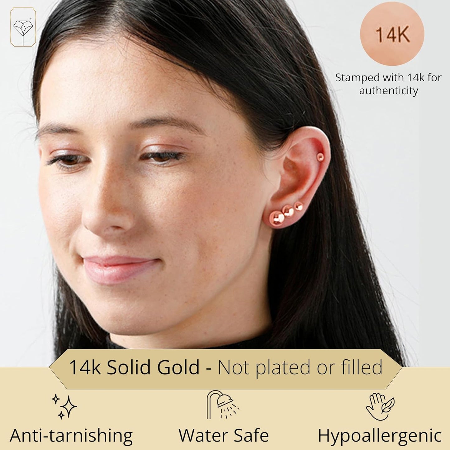 14K Gold Stud Earrings for Women | Rose Gold Ball Earrings | 14K Gold Earrings for Women & Men | Half Button Gold Ball Stud Earrings | 4MM-8MM Real Gold Post Hypoallergenic Earrings by