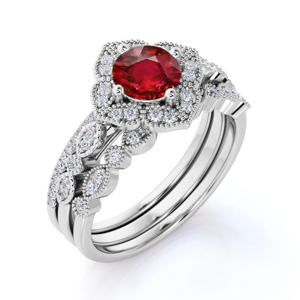2.25 Carat round Cut Sunset Pigeon Blood Lab Created Ruby Trio Set in 18K White Gold over Silver