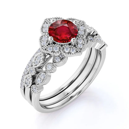 2.25 Carat round Cut Sunset Pigeon Blood Lab Created Ruby Trio Set in 18K White Gold over Silver