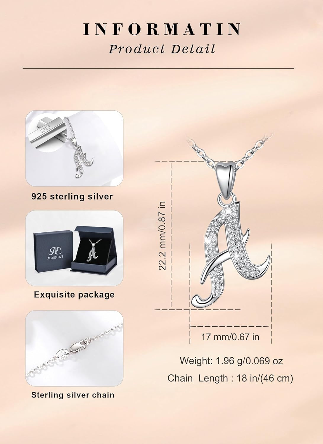 925 Sterling Silver Initial Necklaces for Women, 26 Letters Pendants Necklace Gift for Mother, Daughter, Wife, 18 Inch Chain