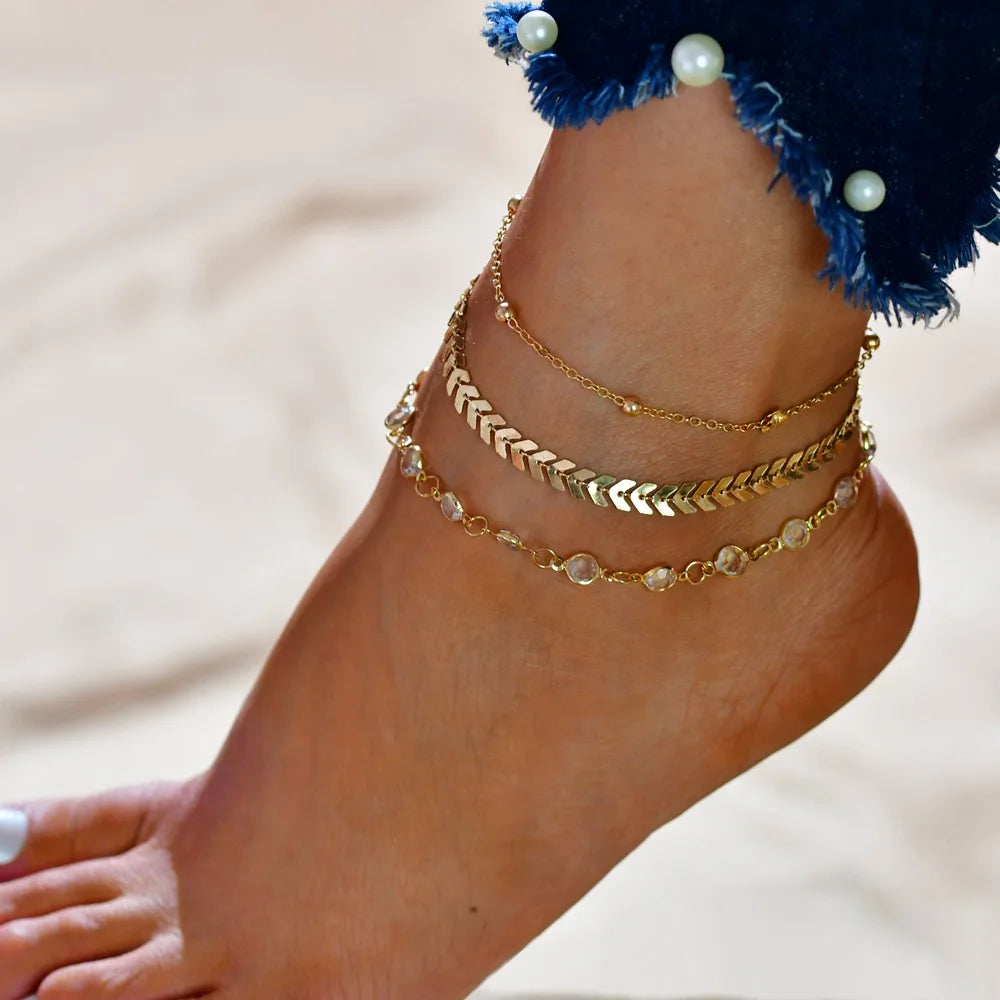 3Pcs/Set Gold Color Simple Chain Anklets for Women Beach Foot Jewelry Leg Chain Ankle Bracelets Women Accessories