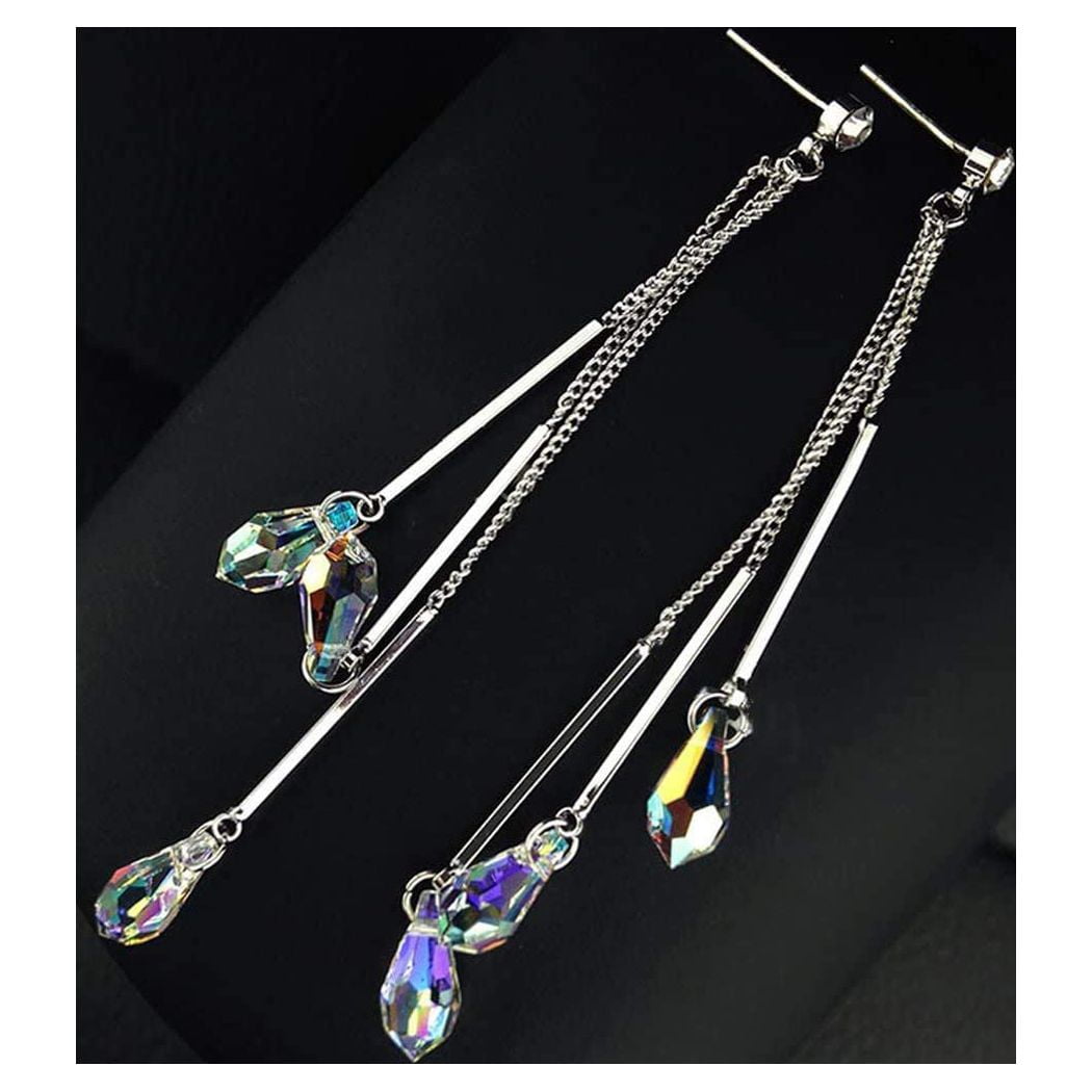 14K White Gold Plated Aurora Borealis Drop Tear Cut Austrian Rainbow Multicolor Crystal Tear Drop Cut Stud Dangle Earrings for Women - Comes with  Gift Box