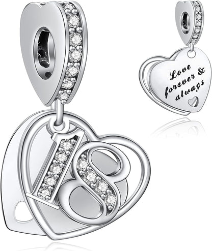 16 18 21 30 40 50 60 Years of Love Dangle Charms for Charms Bracelets, Forever & Always 925 Sterling Silver Cubic Zirconia Bead Pendant, Happy Birthday Jewelry Gifts for Women