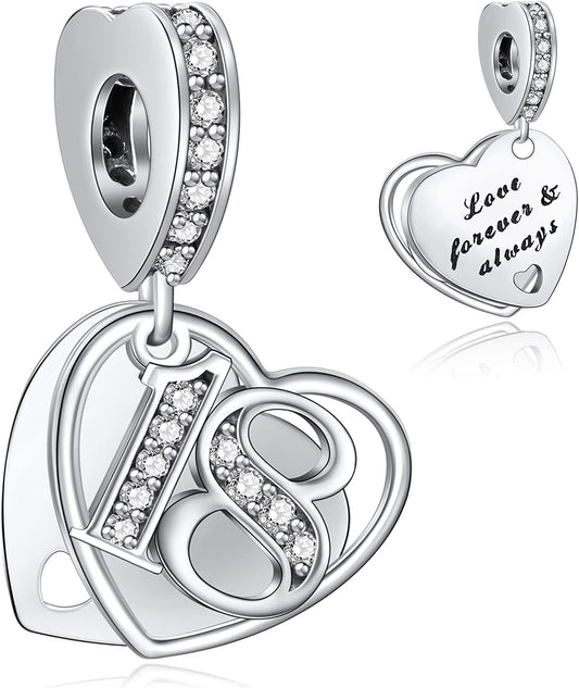 16 18 21 30 40 50 60 Years of Love Dangle Charms for Charms Bracelets, Forever & Always 925 Sterling Silver Cubic Zirconia Bead Pendant, Happy Birthday Jewelry Gifts for Women