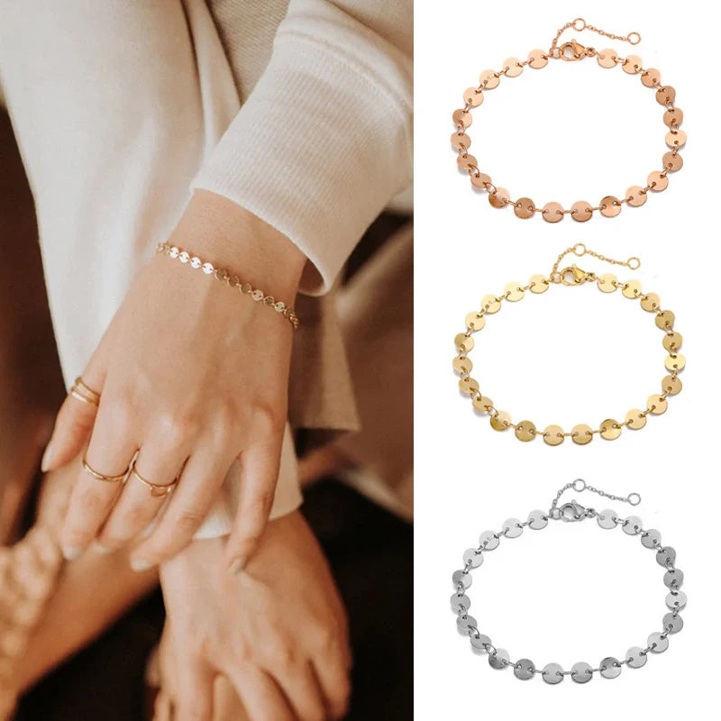 Popular Vintage Bracelet 18K Gold Plated Chain Stainless Steel Waterproof Handmade Disc round Bracelet for Women