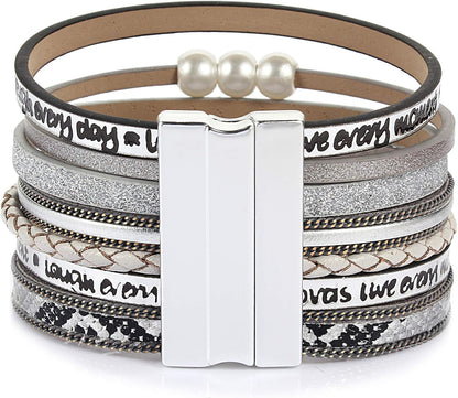Tree of Life Leather Wrap Bracelet Inspirational Cuff Bangles Boho Pearl Bracelets with Magnetic Clasp Unique Jewelry Gifts for Women