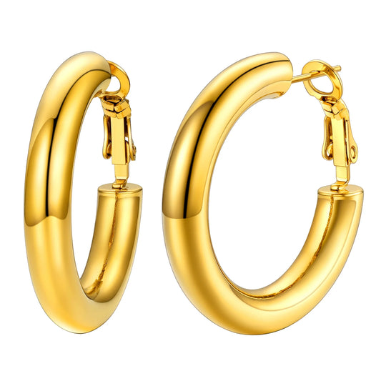 Chunky Hoop Earrings for Women Stainless Steel Jewelry 14K Gold Plated Large Earring 30Mm Birthday Christmas Gift for Daughter Wife