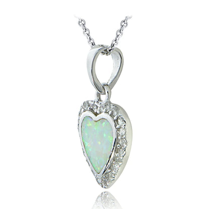 Sterling Silver Created White Opal & CZ Heart Necklace