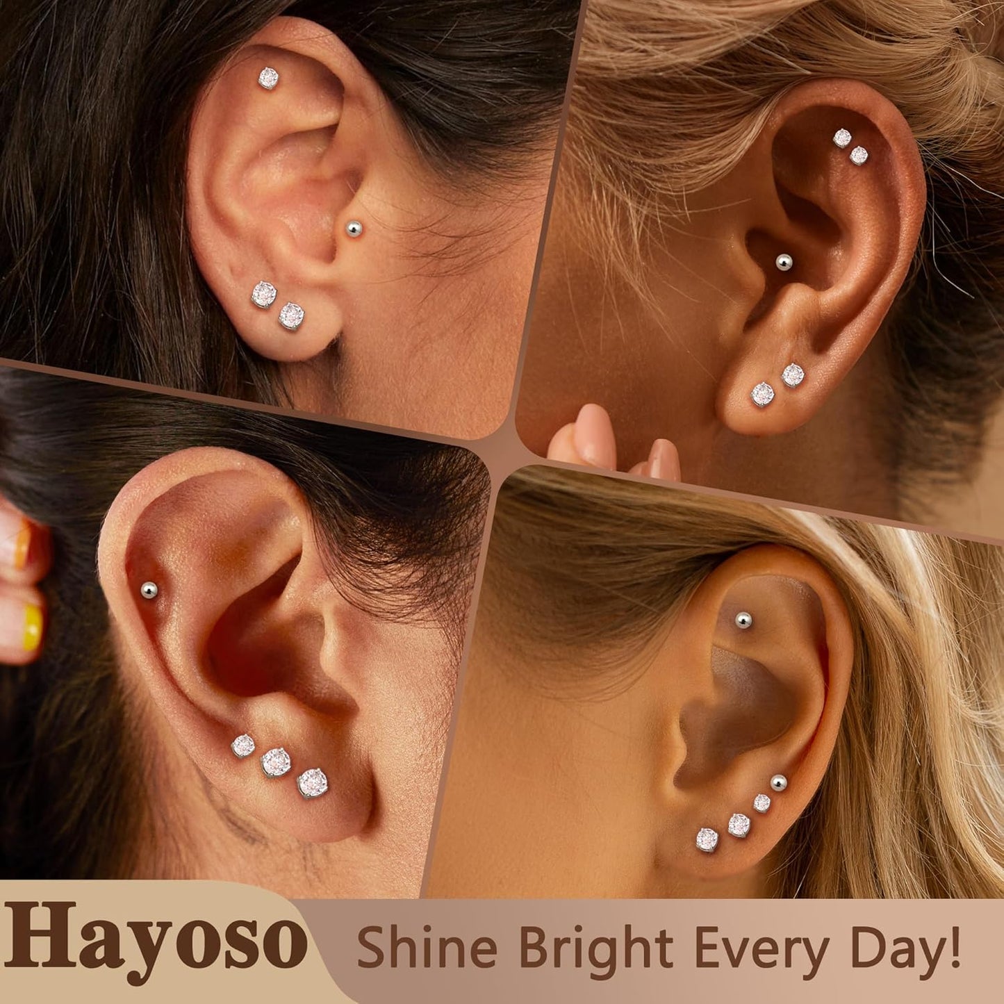 6 Pairs Sterling Silver Stud Earrings for Women, Cubic Zirconia Stud Earrings, Tiny Ball Stud Hypoallergenic Earrings, Small Tragus Cartilage Earrings Set for Men 2Mm,3Mm,4Mm