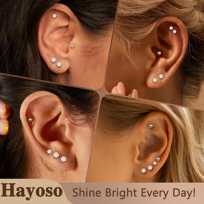 6 Pairs Sterling Silver Stud Earrings for Women, Cubic Zirconia Stud Earrings, Tiny Ball Stud Hypoallergenic Earrings, Small Tragus Cartilage Earrings Set for Men 2Mm,3Mm,4Mm