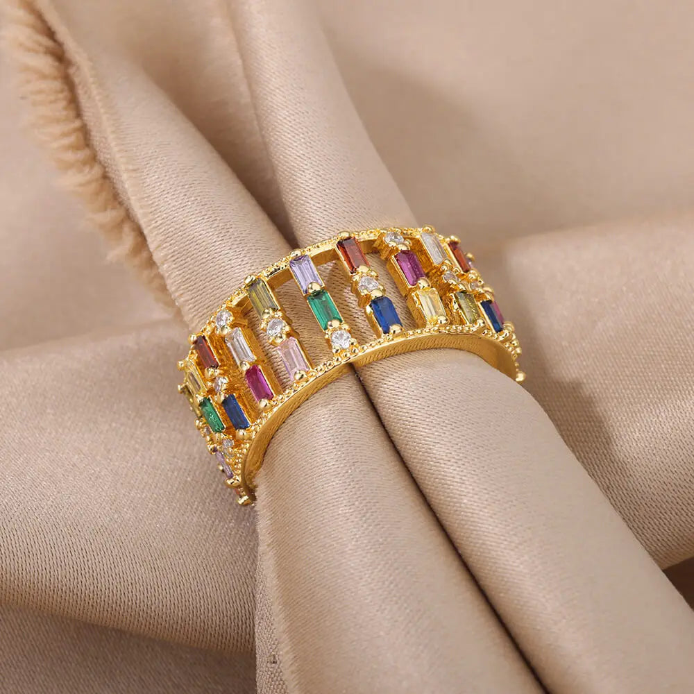Rainbow Zircon Rings for Women Stainless Steel Gold Color Geometric Adjustable Ring Wedding Aesthetic Jewelry Gift Bijoux Femme