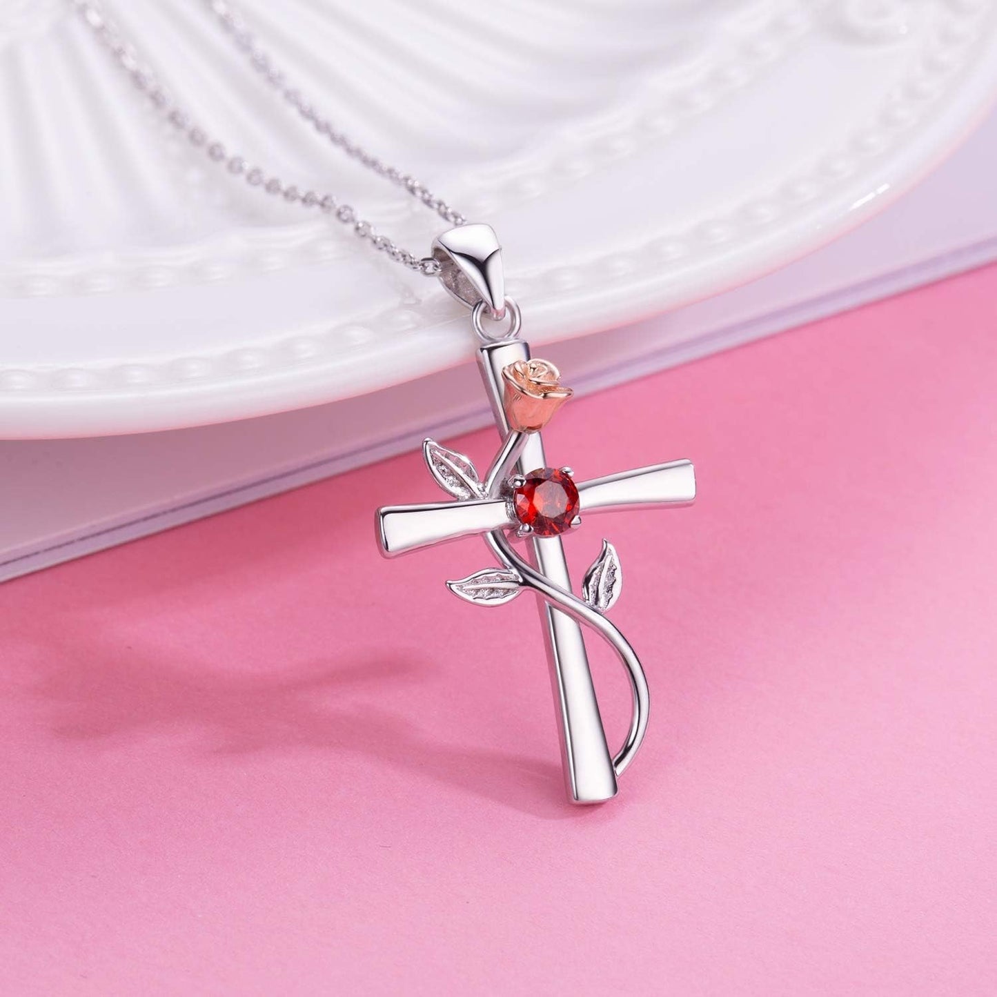 Cross Necklace for Women 925 Sterling Silver Birthstone Necklace for Womens Cross Pendant 5A Cubic Zirconia 12 Birth Months Birthday Gifts for Women Wife Her