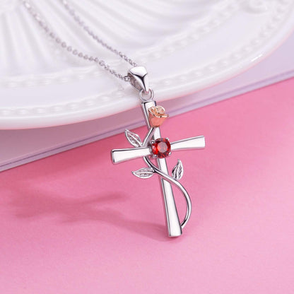 Cross Necklace for Women 925 Sterling Silver Birthstone Necklace for Womens Cross Pendant 5A Cubic Zirconia 12 Birth Months Birthday Gifts for Women Wife Her