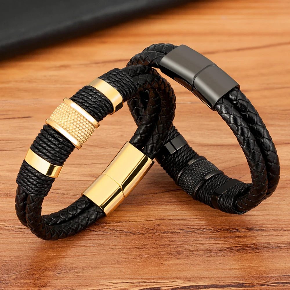 Braided Rope Wrap Leather Bracelets for Men Bangles Fashion Male Women Charm Stainless Steel Clasp Jewelry DIY Customization