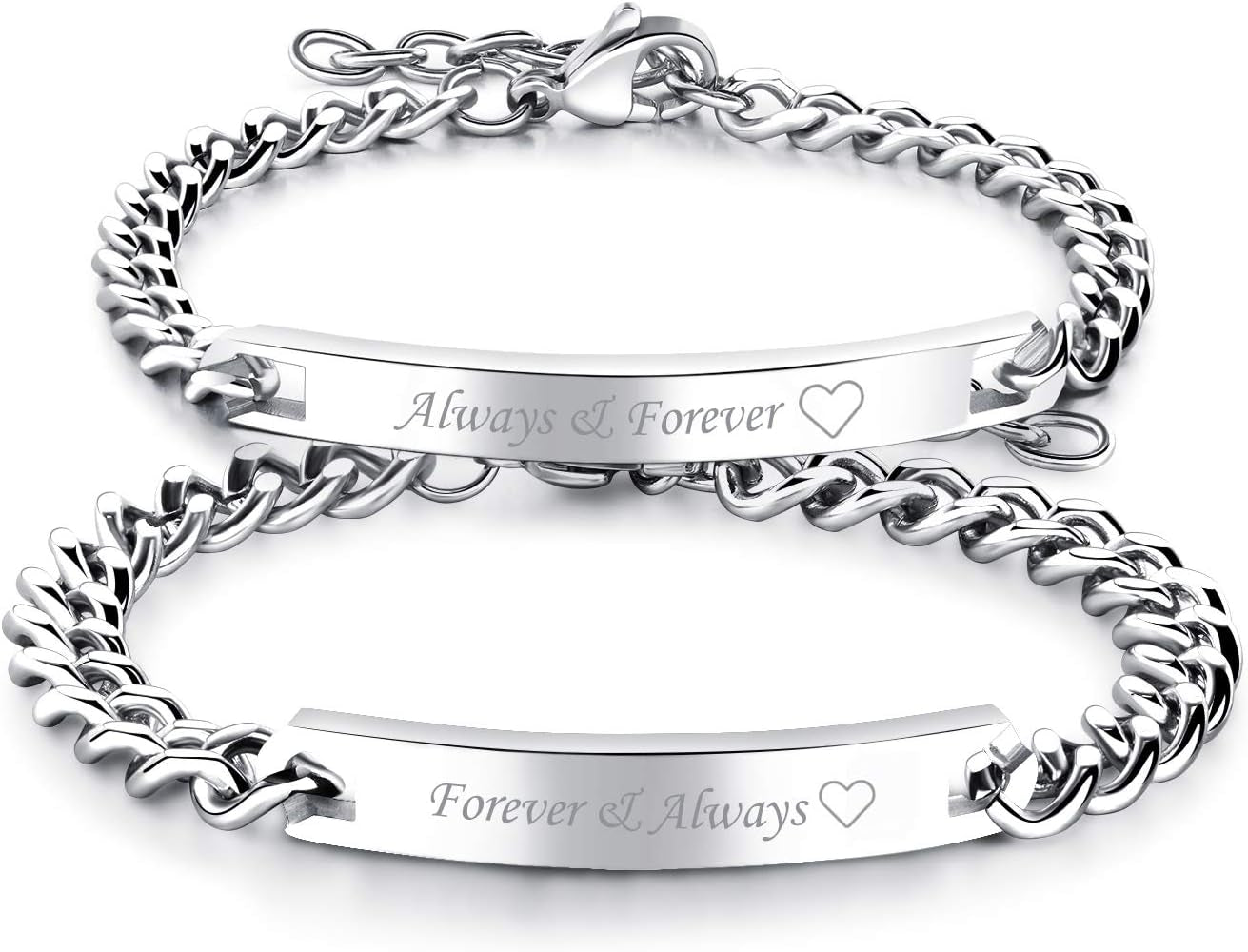 2Pcs CZ His and Hers Couple Bracelets Set, Adjustable Titanium Stainless Steel Always & Forever Forever & Always Love Matching Bracelet Link Jewelry Set