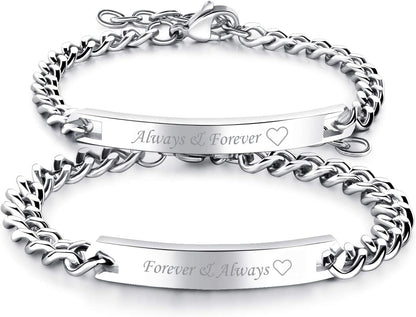 2Pcs CZ His and Hers Couple Bracelets Set, Adjustable Titanium Stainless Steel Always & Forever Forever & Always Love Matching Bracelet Link Jewelry Set