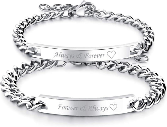 2Pcs CZ His and Hers Couple Bracelets Set, Adjustable Titanium Stainless Steel Always & Forever Forever & Always Love Matching Bracelet Link Jewelry Set