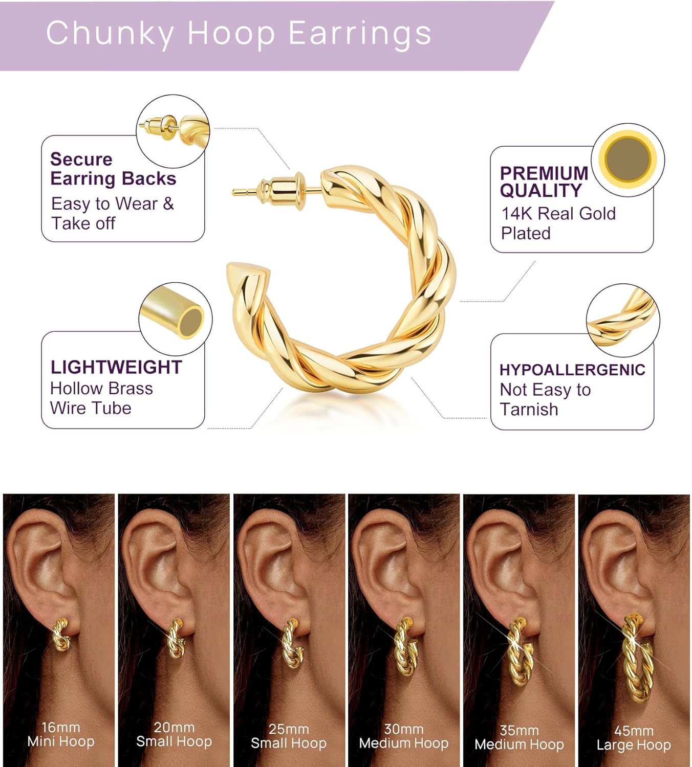 Gold Hoop Earrings, 14K Real Gold Plated Chunky Small Hoop Earrings for Women Lightweight Jewelry Gifts 14/20/30/35/45MM