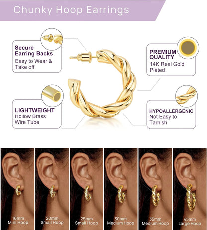 Gold Hoop Earrings, 14K Real Gold Plated Chunky Small Hoop Earrings for Women Lightweight Jewelry Gifts 14/20/30/35/45MM
