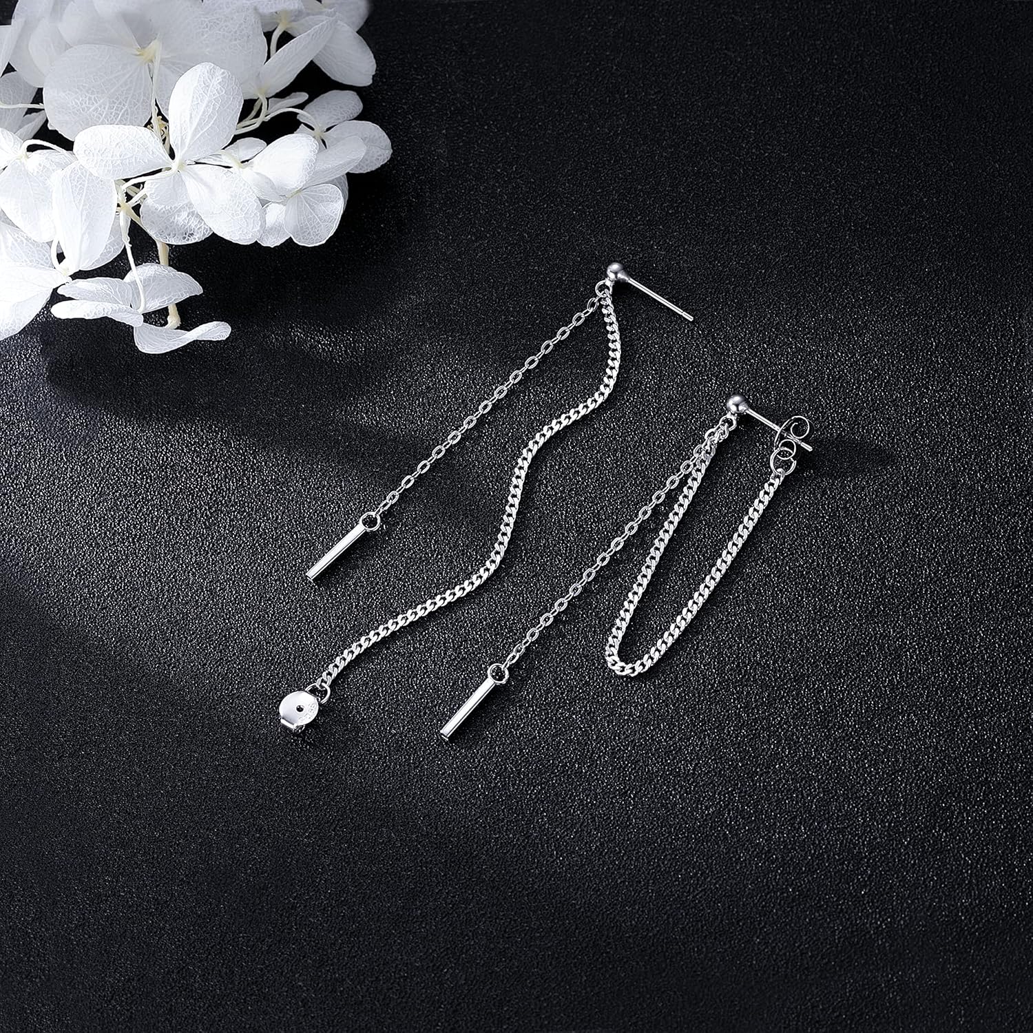 Solid 925 Sterling Silver Bar Dangle Earrings for Women Minimalist Dangle Earrings Threader Chain