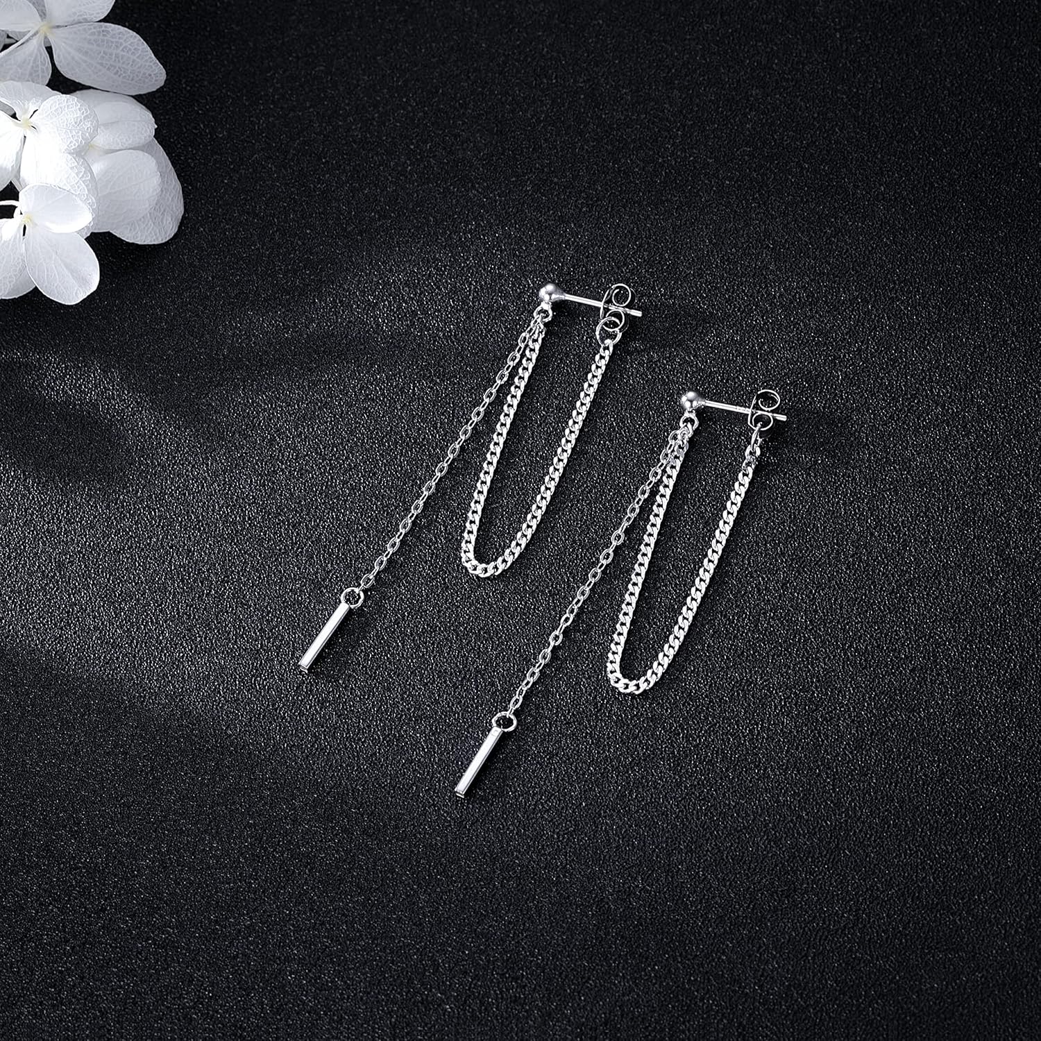 Solid 925 Sterling Silver Bar Dangle Earrings for Women Minimalist Dangle Earrings Threader Chain
