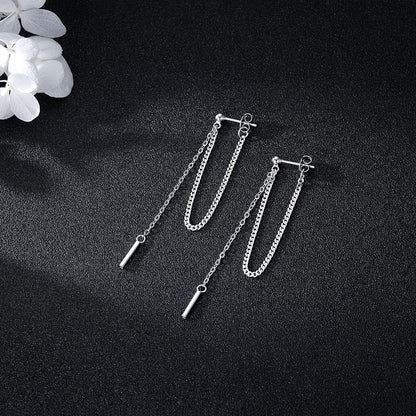 Solid 925 Sterling Silver Bar Dangle Earrings for Women Minimalist Dangle Earrings Threader Chain