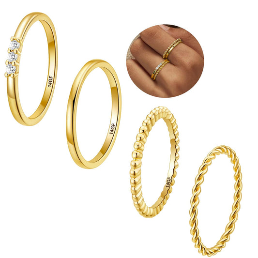 4PCS 14K Gold Filled Plated Rings for Women Mom Wife,Non Tarnish Knuckle Dainty Fashion CZ Ring Pinky Thin Thumb Stackable Ring Set Birthday Jewelry Gifts Size 6/7/8/9/10