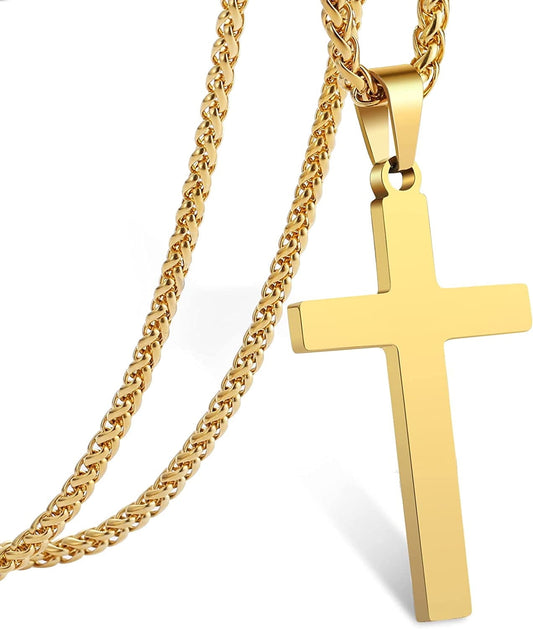 Gold Cross Necklaces for Men Stainless Steel Cross Pendant Chain Catholic Religious Christian Birthday Jewelry Gifts Ideas Dad Husband Son Tween Preteen Boyfriend Teen Teenage Age
