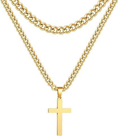 Layered Gold Cross Necklaces for Men Stainless Steel Cuban Curb Link Pendant Chain Necklaces Set Graduation Father'S Day Jewelry Gifts Ideas Dad Husband Son Teen Teenage Age