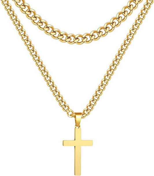Layered Gold Cross Necklaces for Men Stainless Steel Cuban Curb Link Pendant Chain Necklaces Set Graduation Father'S Day Jewelry Gifts Ideas Dad Husband Son Teen Teenage Age