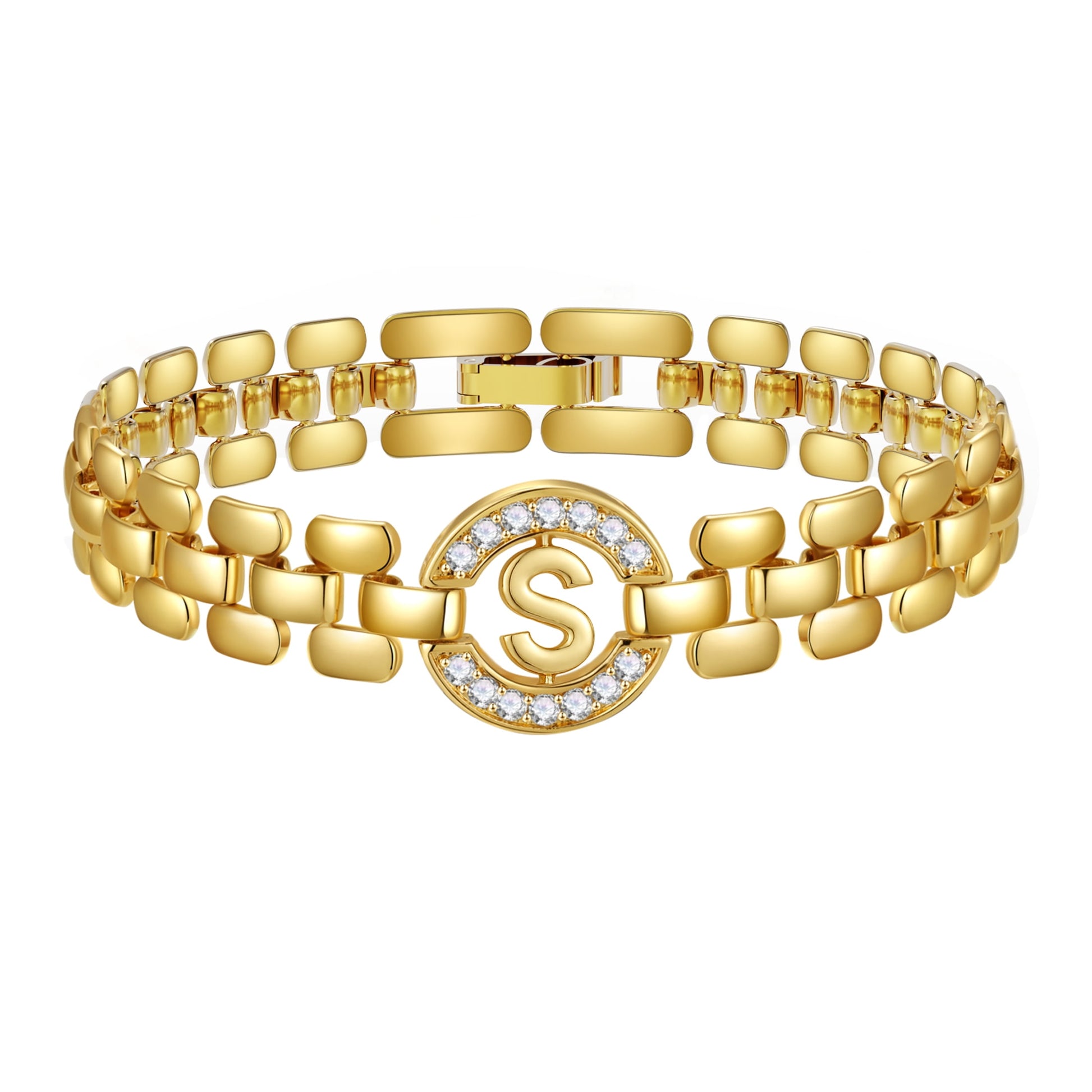 14K Gold Plated Initial Bracelets for Women Mom Wife Mommy Daughter Cubic Zirconia Watch Bangle Wrist Charm Bracelet Alphabet Letter S Chain Bracelet Birthday Mother'S Day Jewelry Gifts for Her