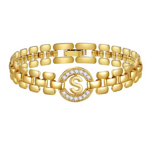 14K Gold Plated Initial Bracelets for Women Mom Wife Mommy Daughter Cubic Zirconia Watch Bangle Wrist Charm Bracelet Alphabet Letter S Chain Bracelet Birthday Mother'S Day Jewelry Gifts for Her