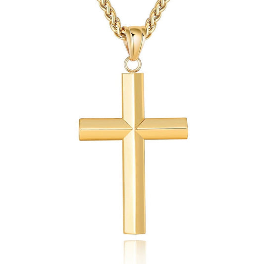 Beveled Edge Gold Cross Necklaces for Men Boys Stainless Steel Cross Pendant Chain Religious Christian Graduation Birthday Jewelry Gifts Ideas Dad Husband Son Teen Teenage Kids Age 24 Inch